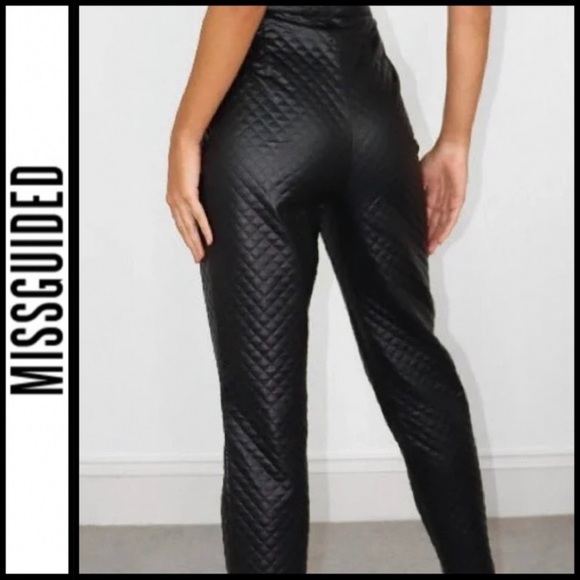 EUC Missguided Black Quilted Faux Leather Pants Size 2 Button/Zip closure - Picture 3 of 6